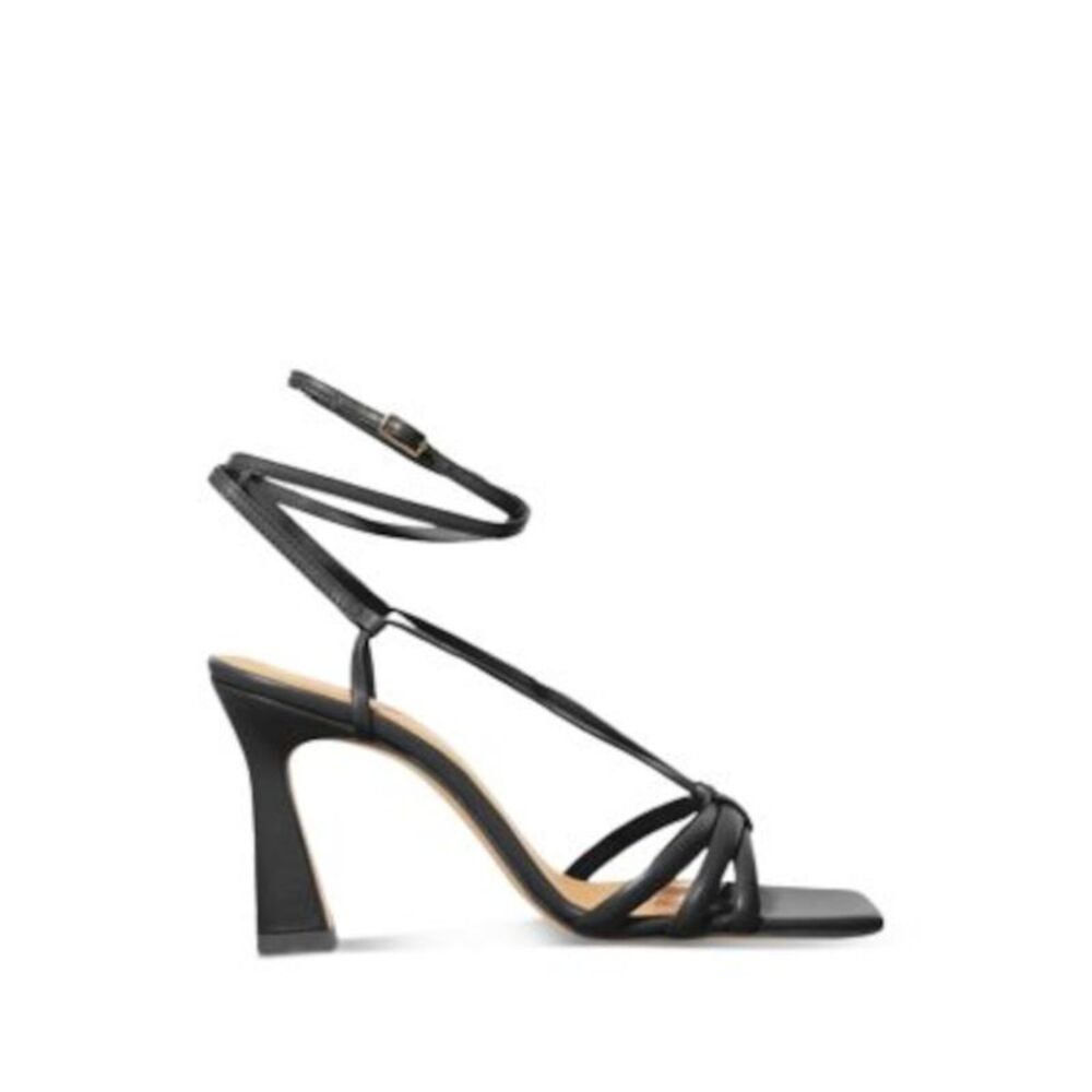 NWT CHELSEA PARIS Womens Black Remy Square Toe Flare Leather Heeled Sandal 36